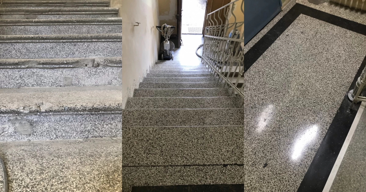 Renowacja schodów w Szpitalu Psychiatrycznym w Branicach szlifowanie podłóg i polerowanie